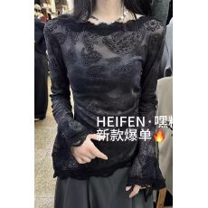 批发2024早秋季新款小众设计感拼接蕾丝一字领<b class='q'>不规则</b>喇叭袖修身T...