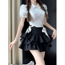 批发韩系辣妹套装女夏季蝴蝶结绑带收腰白色短袖上衣花边蛋糕裙<b class='q'>两件套</b>