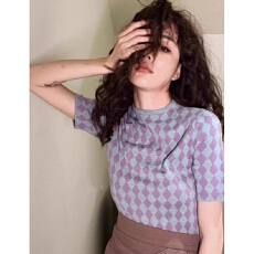 批发法式紫色<b class='q'>棋盘</b><b class='q'>格</b>针织正肩短袖t恤女夏季修身别致港味复古chic上衣