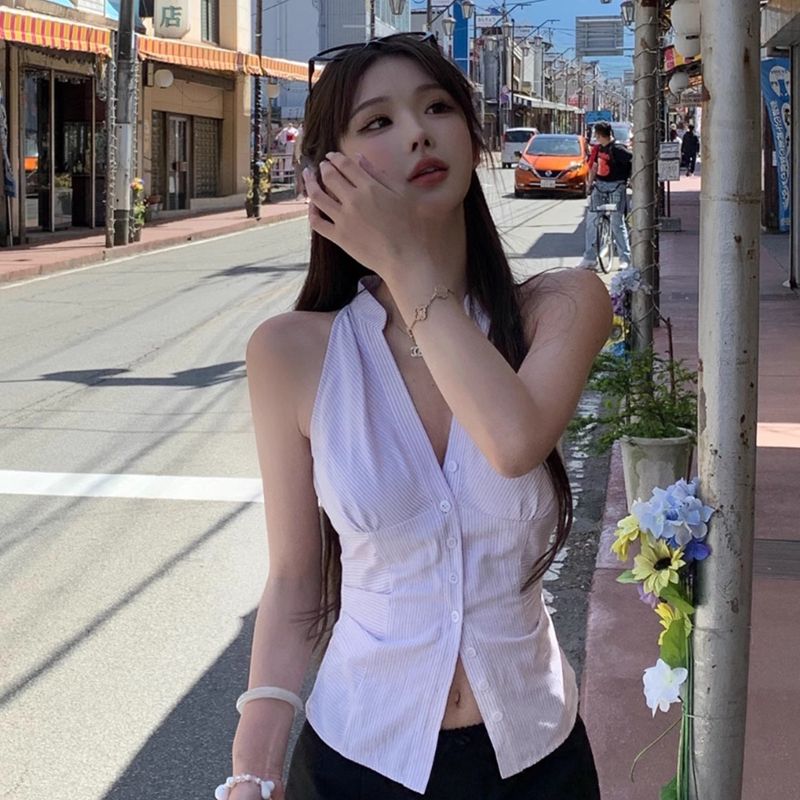 한 부서 스트라이프 행침 목 민소매 셔츠 여름 새로운 주름 허리 수축 몸매 가꾸기 맨위