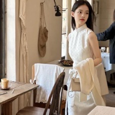 批发植绒白色夏季<b class='q'>长款</b>无袖修身改良中式<b class='q'>旗袍</b>气质年轻连衣裙