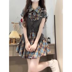 批发法式学院风蓝色格纹连衣裙子女夏季2026新款气质辣妹收腰短裙<b class='q'>套装</b>