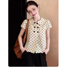 批发法式杏色<b class='q'>波点</b>娃娃领翻领短袖<b class='q'>衬衫</b>女早春短款<b class='q'>衬衣</b>高级感气质上衣薄