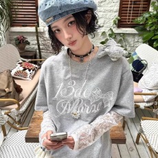 假两件字母印花长袖t恤女蕾丝袖子拼接宽松小众设计情侣灰色上衣