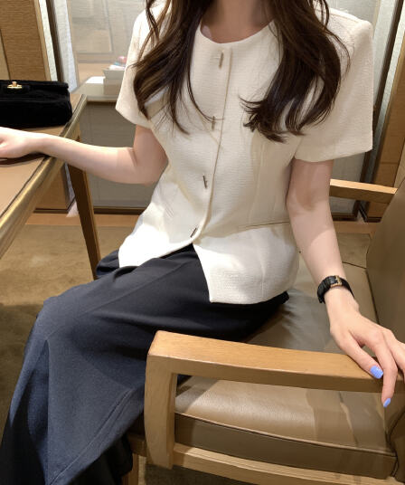 국경 간 한국 chic 여름 프랑스식 작은 샤넬 스타일 라운드 넥 반팔 작은 외투
