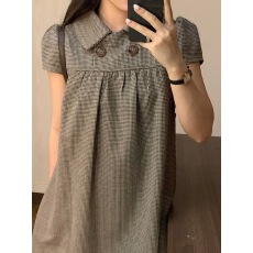 批发跨境专供  日系复古格纹<b class='q'>翻领</b>短袖<b class='q'>连衣裙</b>女夏季新款学院风宽松短裙
