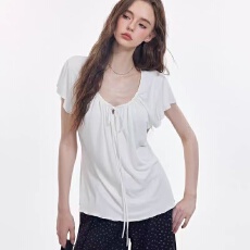 批发网红爆款<b class='q'>大码</b>200斤胖MM松弛度假缩褶系带显瘦短袖<b class='q'>运动</b>t恤女上衣女