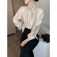 批发香槟色高领长袖飘带<b class='q'>衬衫</b>女秋季2026新款法式优雅气质小众时尚上衣