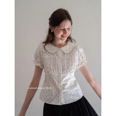 批发少女翻领泡泡袖波点衬衫女夏季设计感短袖气质显瘦白色上衣