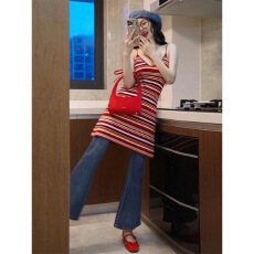 批发韩系<b class='q'>条纹</b>性感露背吊带背心女夏2025新款海岛穿搭洋气减龄连衣<b class='q'>裙</b>子