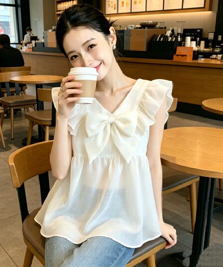 달콤함 새로운 2026 여름 나비 매듭 작은 대중 Chic 광장 칼라 슬림해 보이는 맨위 셔츠