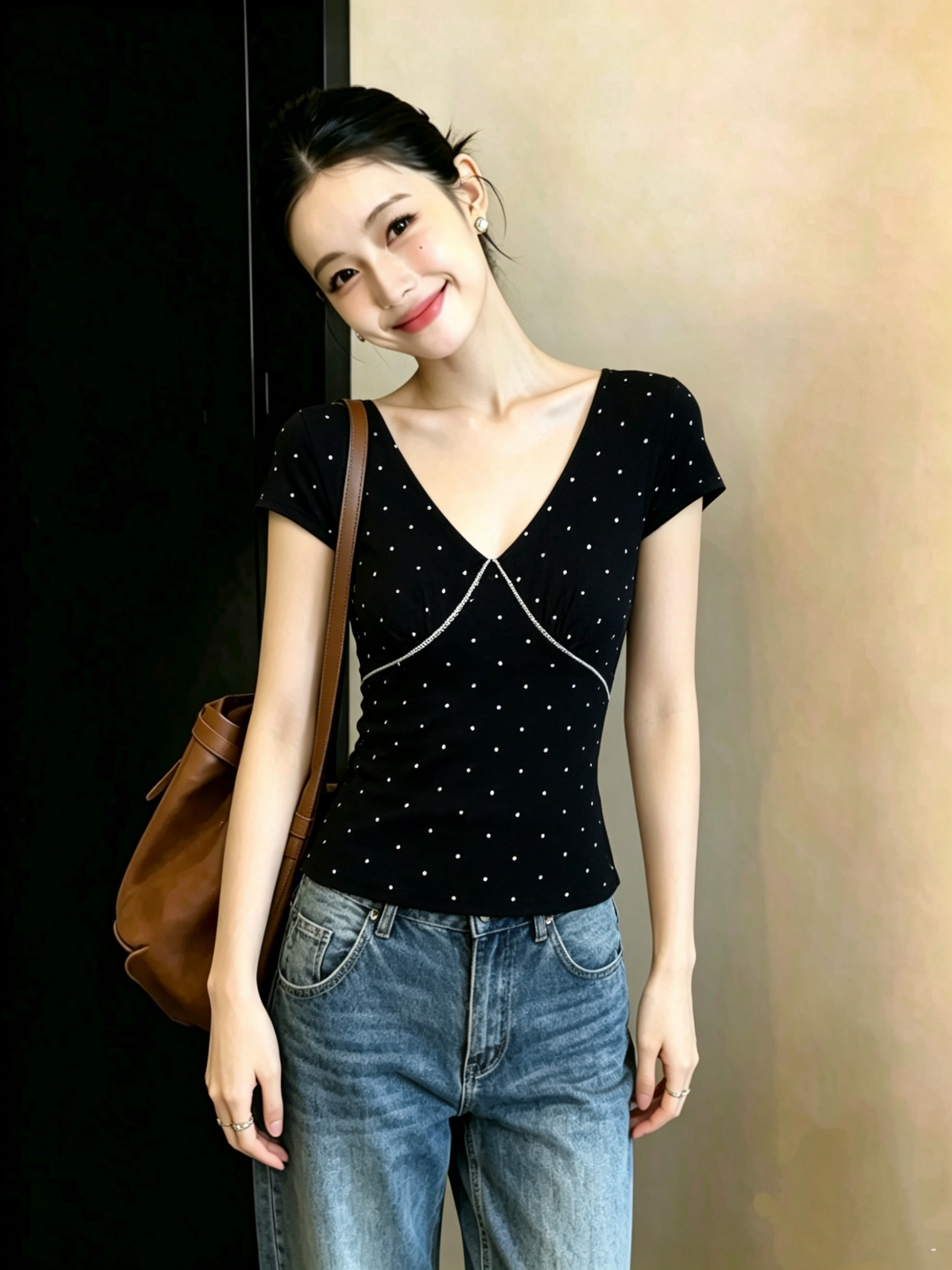 달콤한 매운맛 바람 검정색 도트 무늬 프린트 V넥 반팔 티셔츠 여성 여름 새로운 한 부서 프릴 몸매 가꾸기 작은 맨위 트렌디