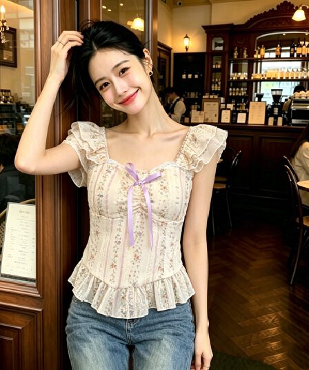 달콤함 꽃무늬 슬립 신선함 작은 날다 소매 티셔츠 여름 레이스 몸매 가꾸기 꽃무늬 슈퍼 잘 생긴 광장 칼라 몸매 가꾸기 맨위