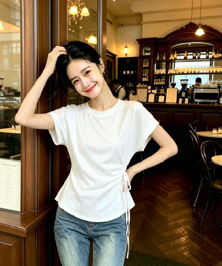 한 부서 불규칙 스트랩 허리 수축 반팔 티셔츠 여성 여름 새로운 라운드 넥 품격 다용도 몸매 가꾸기 슬림해 보이는 맨위