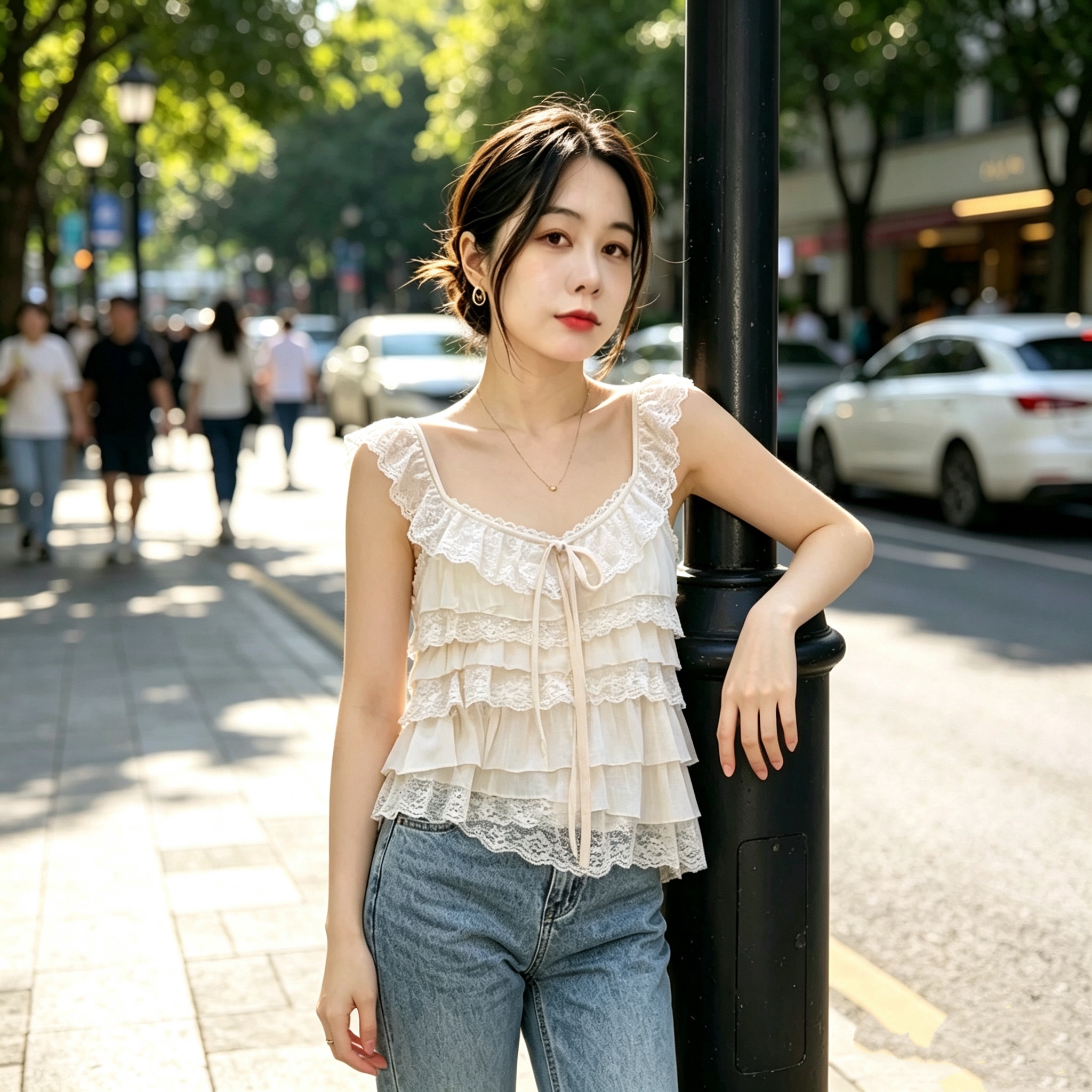 프랑스식 달콤한 스타일 레이스 프릴 레이스업 캐미솔 여름 새로운 몸매 가꾸기 슬림해 보이는 외출용 짧은 맨위