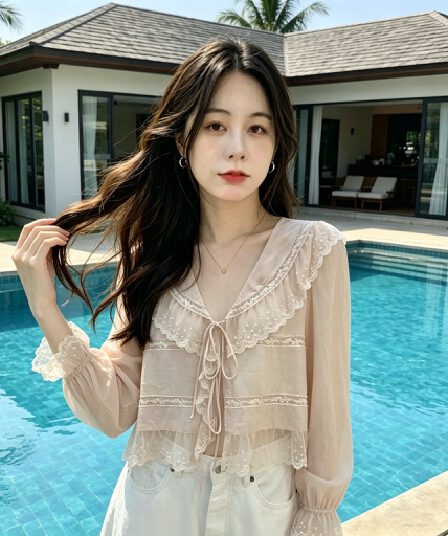 프랑스식 부드러운 바람 V넥 레이스 레이스 레이스 업 셔츠 맨위 여성 디자인 센스 작은 대중 루즈핏 나팔 소매 셔츠