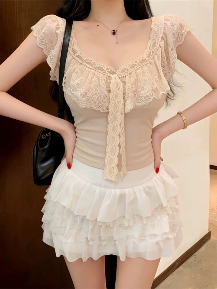 순수한 욕망 바람 섹시함 광장 칼라 레이스 조각 몸매 가꾸기 반팔 티셔츠 여성 여름 새로운 몸매 가꾸기 슬림해 보이는 외출용 맨위 ins
