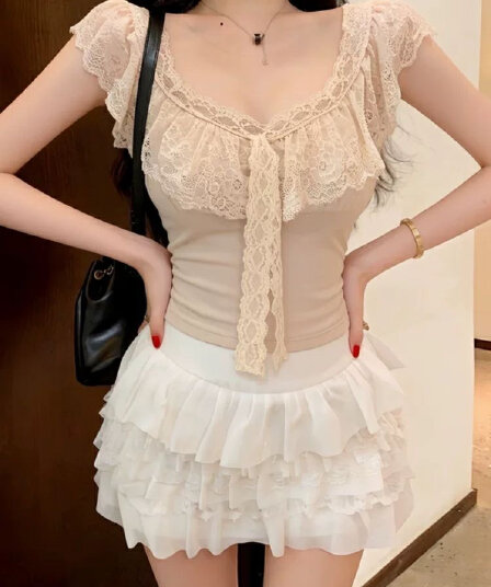 순수한 욕망 바람 섹시함 광장 칼라 레이스 조각 몸매 가꾸기 반팔 티셔츠 여성 여름 새로운 몸매 가꾸기 슬림해 보이는 외출용 맨위 ins