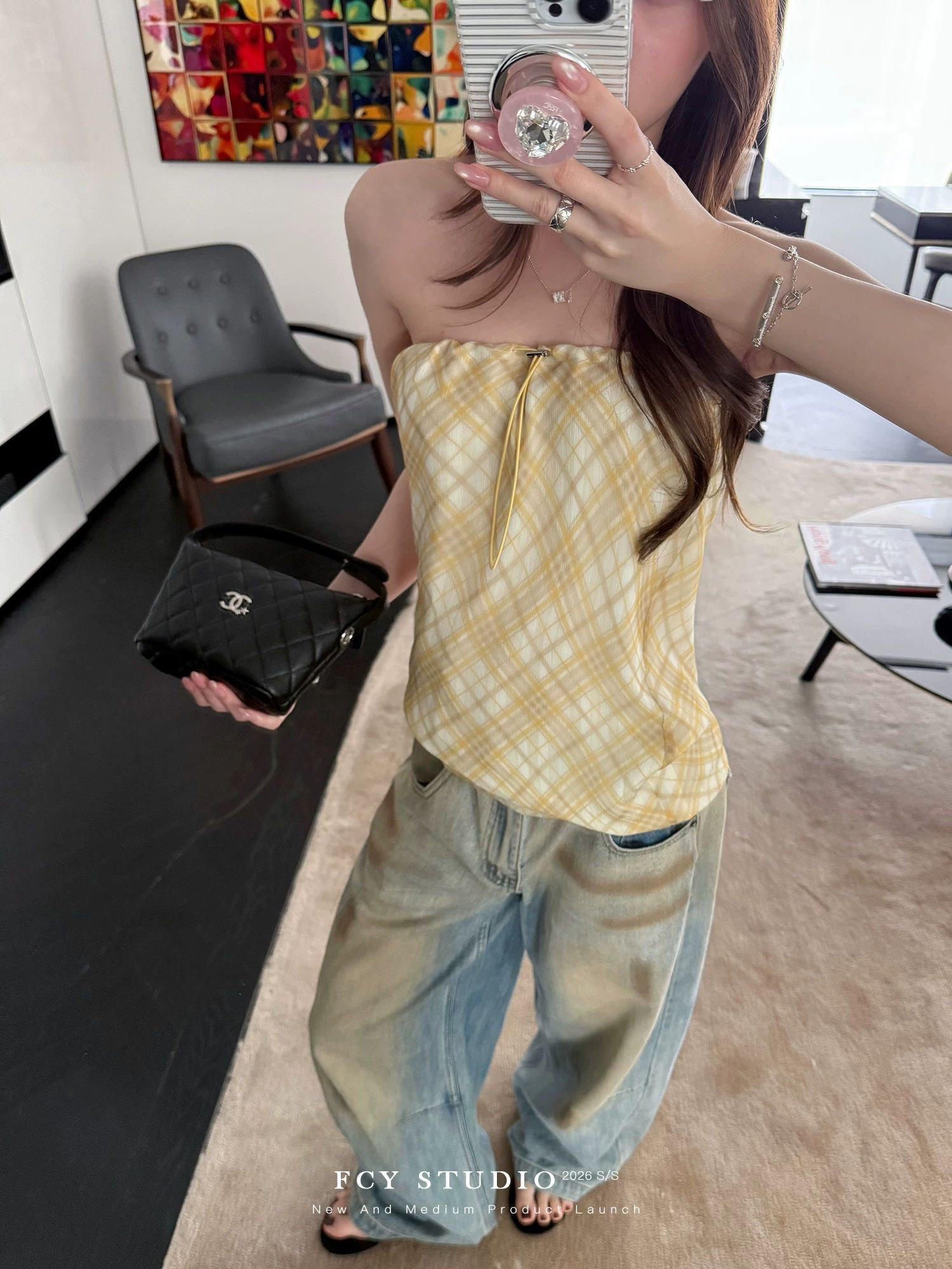 2026 체크무늬 새로운 레몬 여름 레터 헤드 황색 체크무늬 튜브탑 슬립 여름 디자인 센스 레트로 펌프 로프 맨위