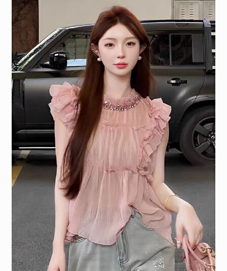 부드러운 바람 달콤함 연령 감소 핑크색 프릴 셔츠 여자 2026 새로운 폭발 다이아몬드 세팅 라운드 넥 셔츠 여름