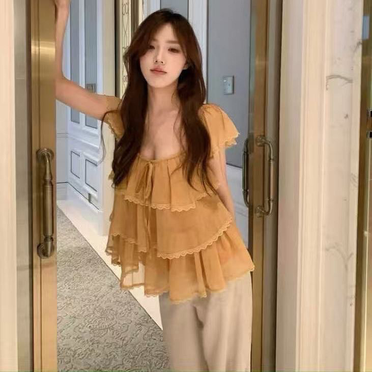 여름 새로운 달콤한 미국 칼라 레이스업 프릴 작은 날다 소매 케이크 작은 셔츠 루즈핏 다용도 맨위 여성