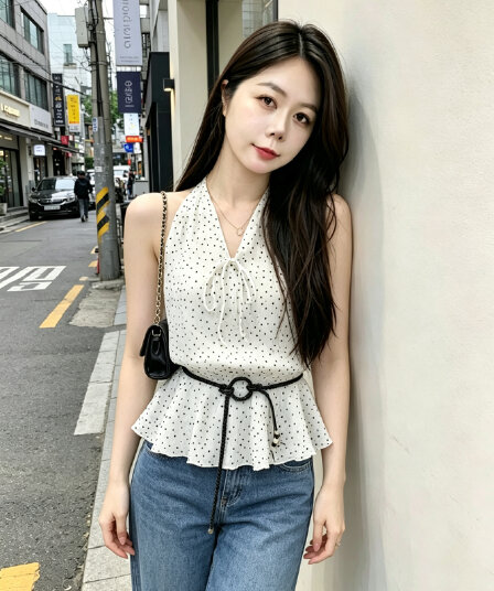 실사 한 부서 품격 부드러운 바람 V넥 도트 무늬 레이스업 허리 수축 디자인 센스 다용도 레트로 민소매 맨위