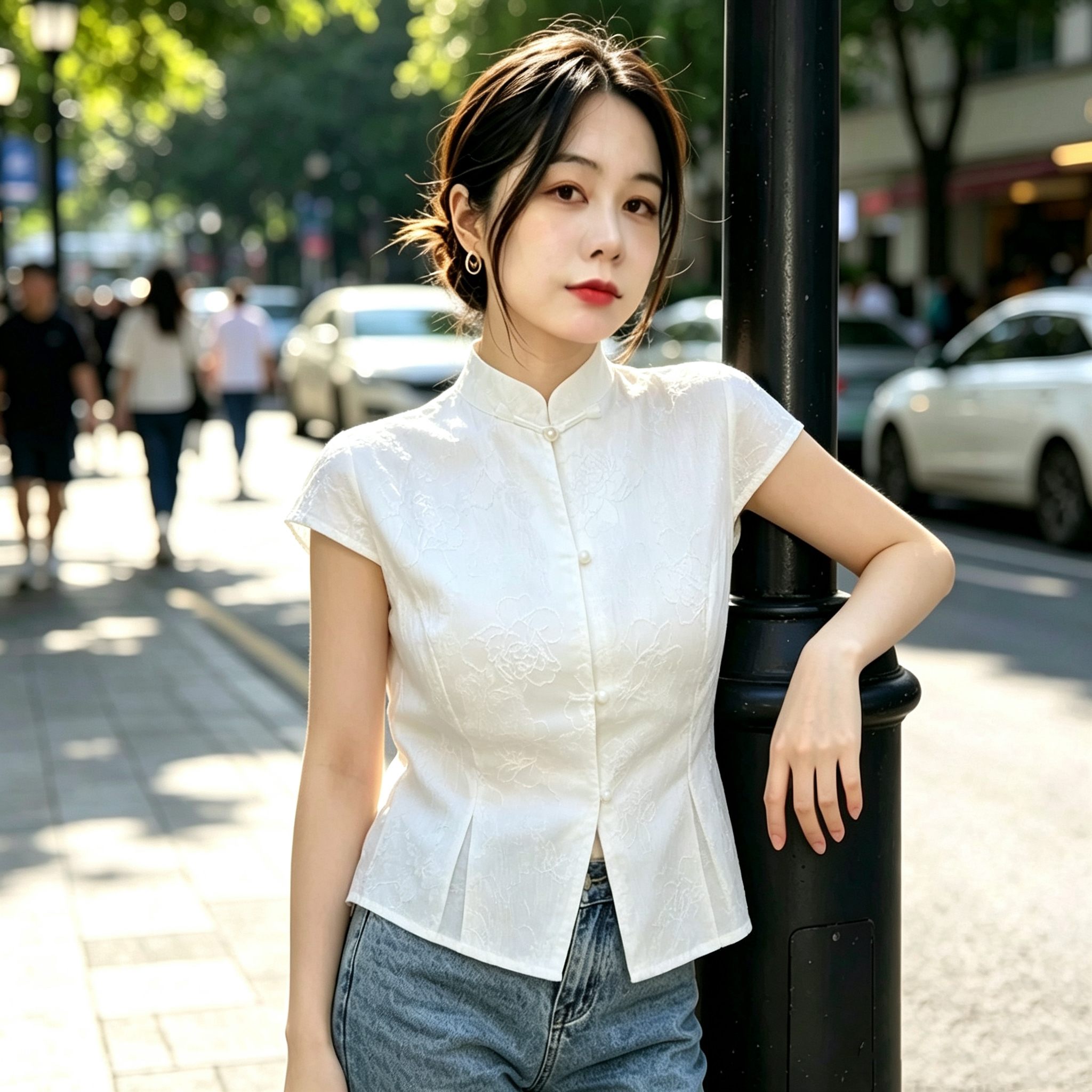 실사 새로운 중식 국풍 여름 새로운 스탠드 칼라 단추 몸매 가꾸기 맨위 슬림해 보이는 반팔 셔츠 품격