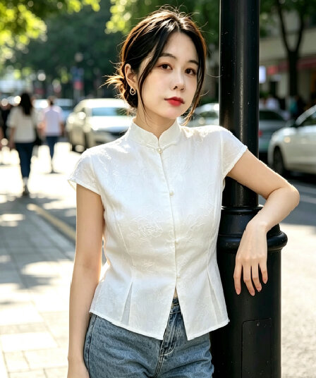 실사 새로운 중식 국풍 여름 새로운 스탠드 칼라 단추 몸매 가꾸기 맨위 슬림해 보이는 반팔 셔츠 품격
