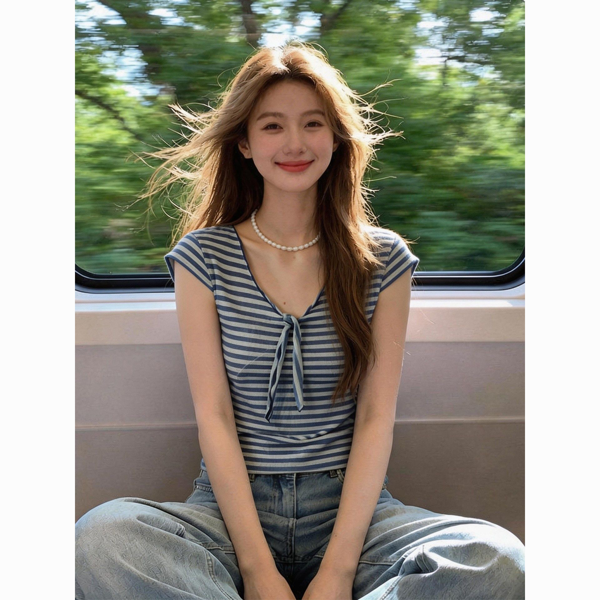 한 부서 파란색 스트라이프 V넥 Feifei 소매 반팔 티셔츠 여성 여름 작은 키 튀김 거리 고유 한 아름다운 쇼트 스타일 맨위