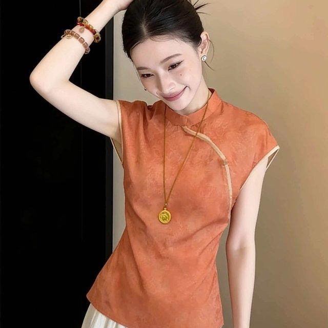 2026 여름 새로운 새로운 중식 국풍 주황색 셔츠 스탠드 칼라 맨위