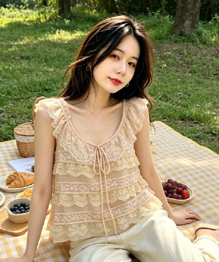 실사 순수한 욕망 바람 레이스 프릴 작은 날다 소매 슬립 작은 셔츠 여성 2026 여름 휴가 바람 쉬폰