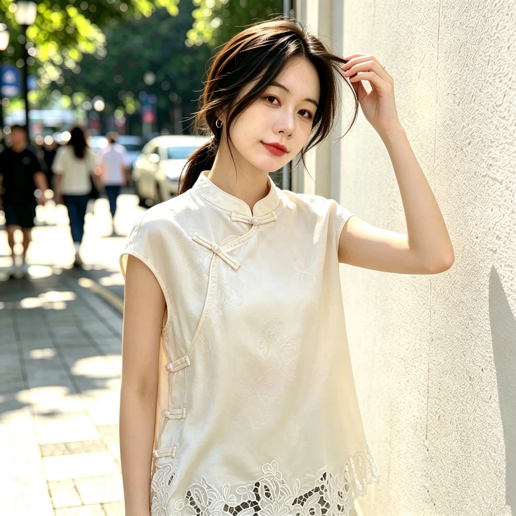 실사 여름 새로운 비스듬한 襟 단추 민소매 맨위 새로운 중식 홀로우 아웃 자수 프린트 아세트산 새틴 여성 셔츠