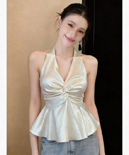 순수한 욕망 바람 새틴 아름다움 뒤로 행침 목 캐미솔 여름 새로운 핫걸 포장 가슴 허리 수축 슬림해 보이는 비틀림 맨위