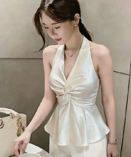 여름 순수한 욕망 바람 깊은 V 넥 패치워크 백리스 쇼트 스타일 펌프 Pleat 티셔츠 섹시함 행침 목 맨위 슈퍼 몸매 가꾸기 조끼 슬립