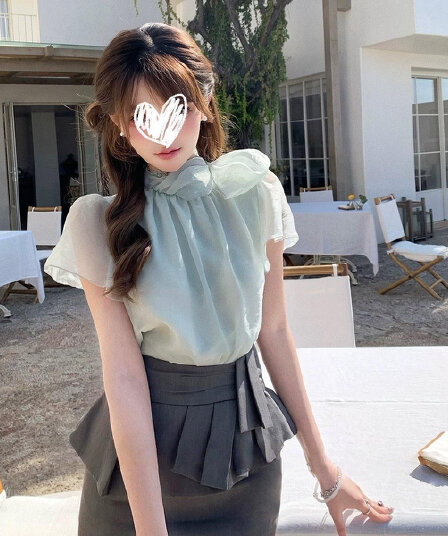 봄날 Tulle 우아함 미시 바람 스탠드 칼라 루즈핏 슬림해 보이는 레이스 레이스 맨위 가벼움 나비 매듭 반팔