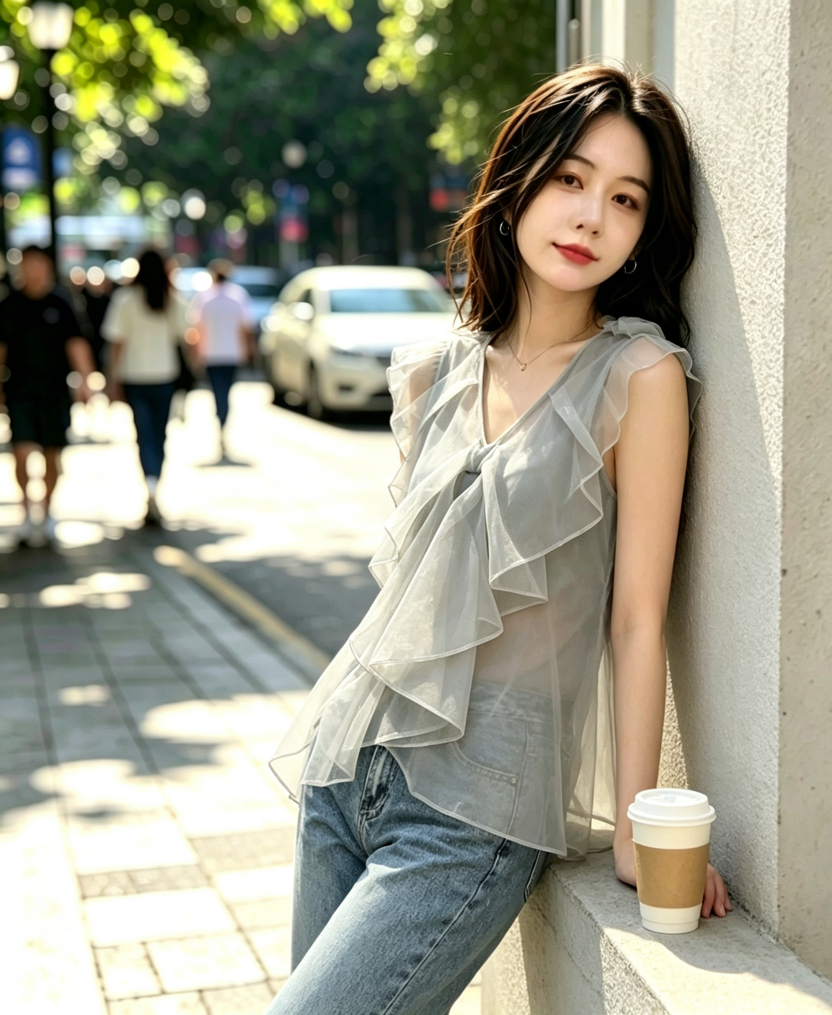 실사 여행 프릴 쉬폰 자외선 차단 여성 의류 여름 외출용 에어컨 오픈 가디건 블라우스 인형 맨위