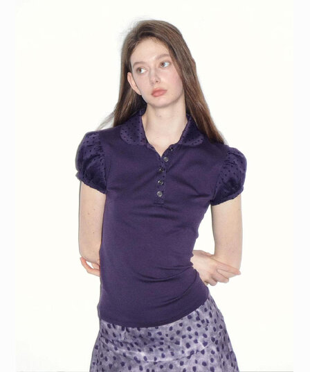 보라색 거품 소매 POLO 칼라 반팔 티셔츠 여성 여름 새로운 디자인 센스 몸매 가꾸기 단추 다용도 품격 맨위
