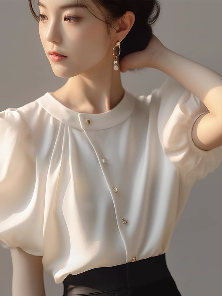프랑스식 품격 명문 여성 미니멀리즘 화이트 라운드 넥 거품 소매 여성 셔츠 여름 새로운 출퇴근 슬림해 보이는 작은 대중 셔츠