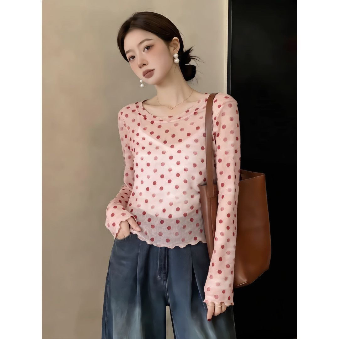 부드러운 바람 핑크색 도트 무늬 홀치기 염색 망사 긴팔 티셔츠 여성 여름 마이크로 ~을 통해 프릴 태양 보호 셔츠 얇은 스타일 맨위