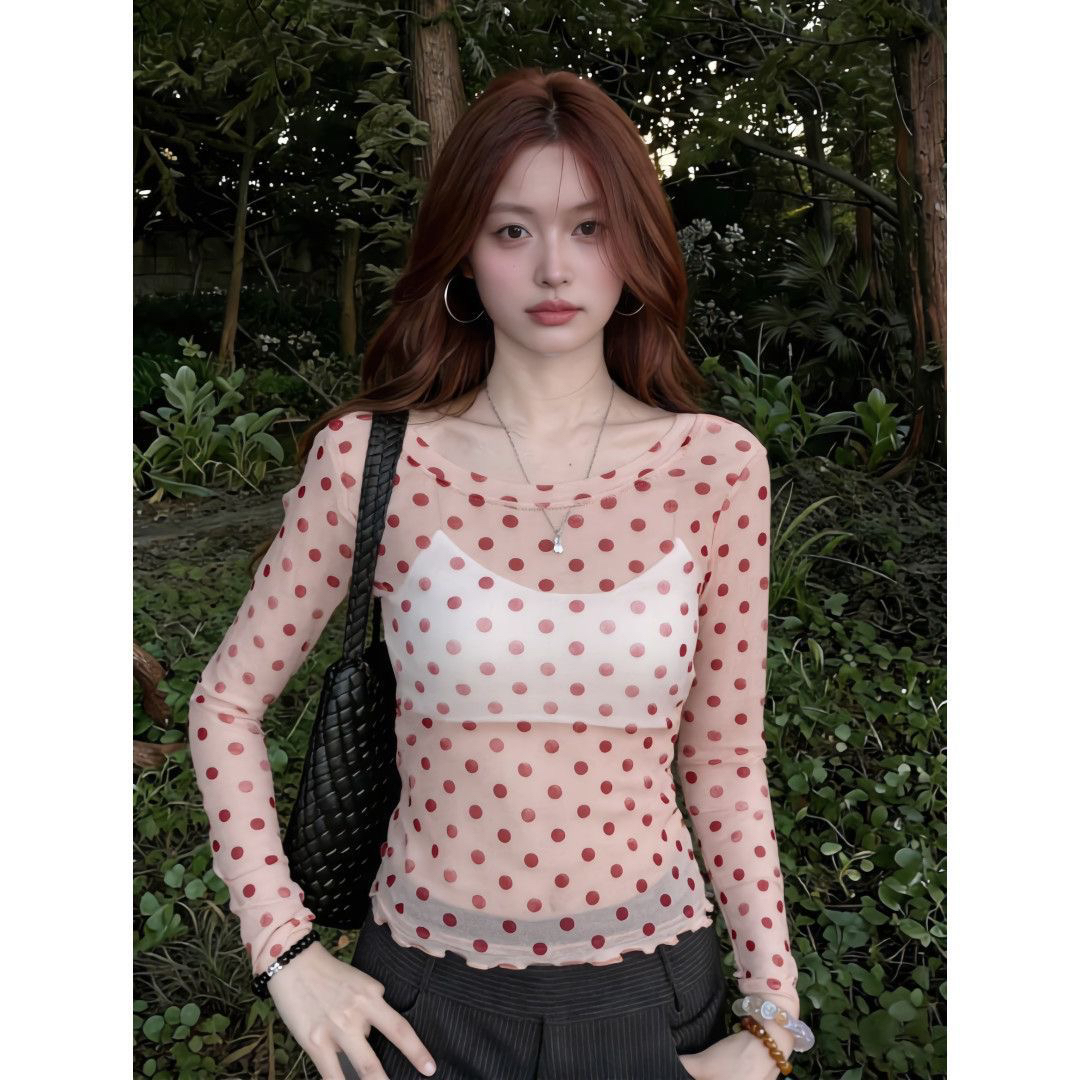 핑크색 도트 무늬 망사 자외선 차단 긴팔 라운드 넥 티셔츠 여성 여름 얇은 스타일 마이크로 ~을 통해 몸매 가꾸기 슬림해 보이는 프릴 맨위