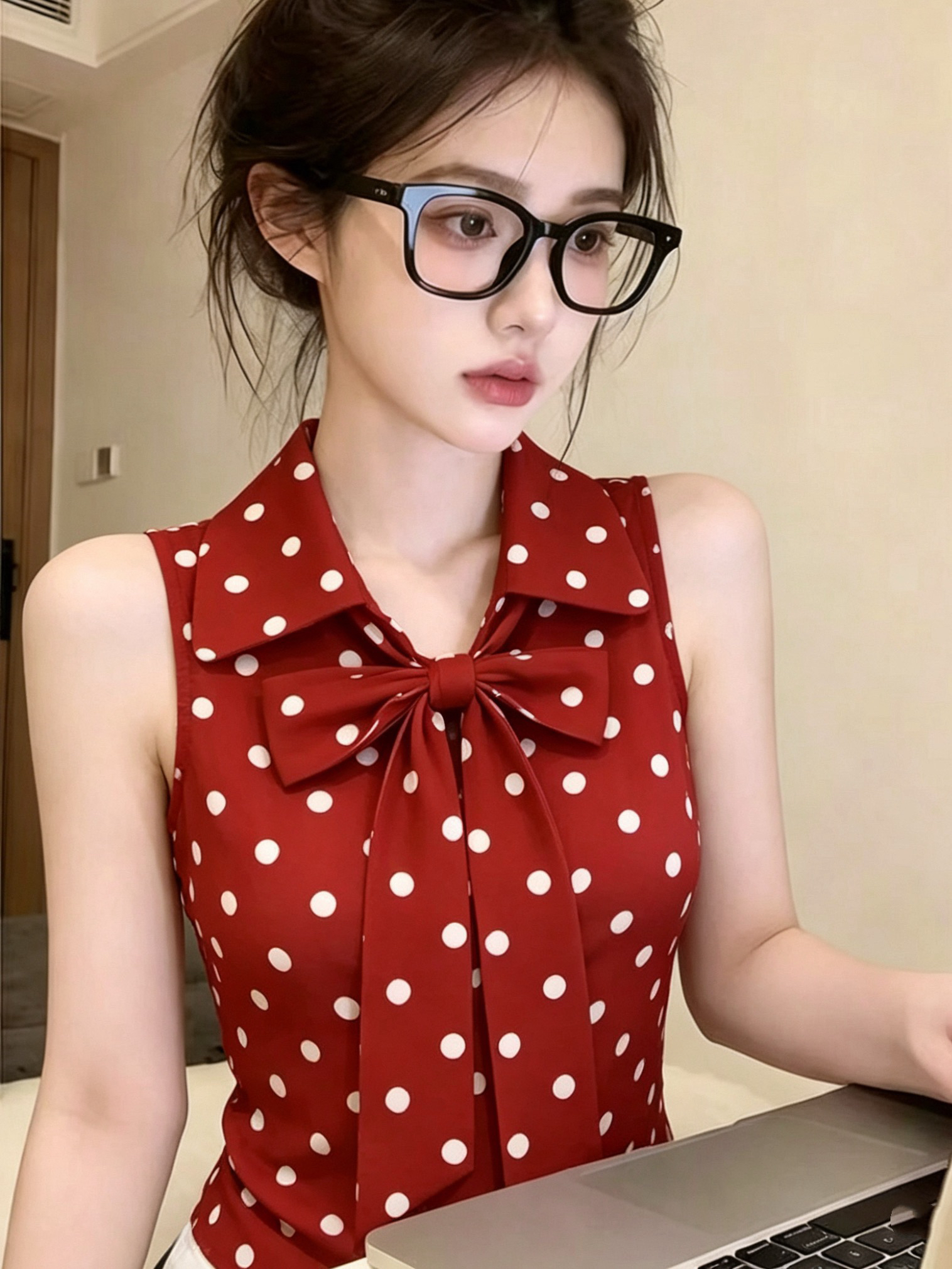 연인 빨간색 도트 무늬 민소매 여성 셔츠 여름 새로운 나비 매듭 스트랩 패션 출퇴근 연령 감소 맨위