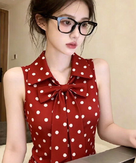 연인 빨간색 도트 무늬 민소매 여성 셔츠 여름 새로운 나비 매듭 스트랩 패션 출퇴근 연령 감소 맨위
