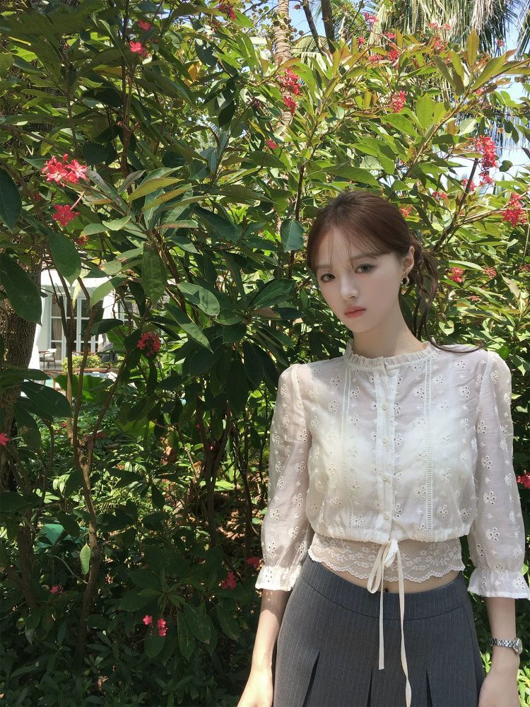 2026 여름 중간 소매 홀로우 아웃 자수 맨위 여성 여름 프랑스식 레이스 라운드 넥 셔츠