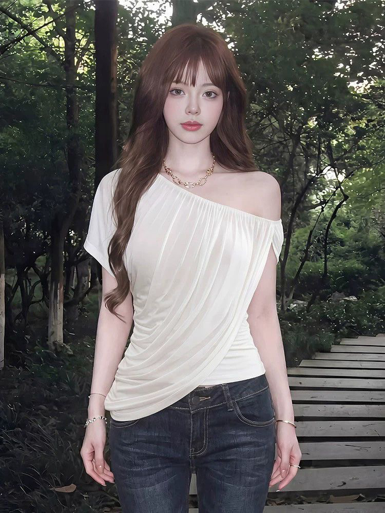 한 부서 품격 비스듬한 어깨 주름 패션 새로운 만나는 티셔츠 여성 여름 페이크 레이어드 몸매 가꾸기 오프숄더 반팔 맨위