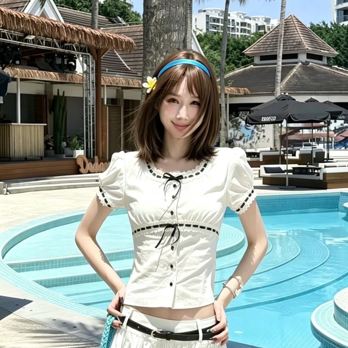 2026 프랑스식 부드러운 숙녀 레이스 반팔 셔츠 나비 매듭 디자인 센스 허리 수축 슬림해 보이는