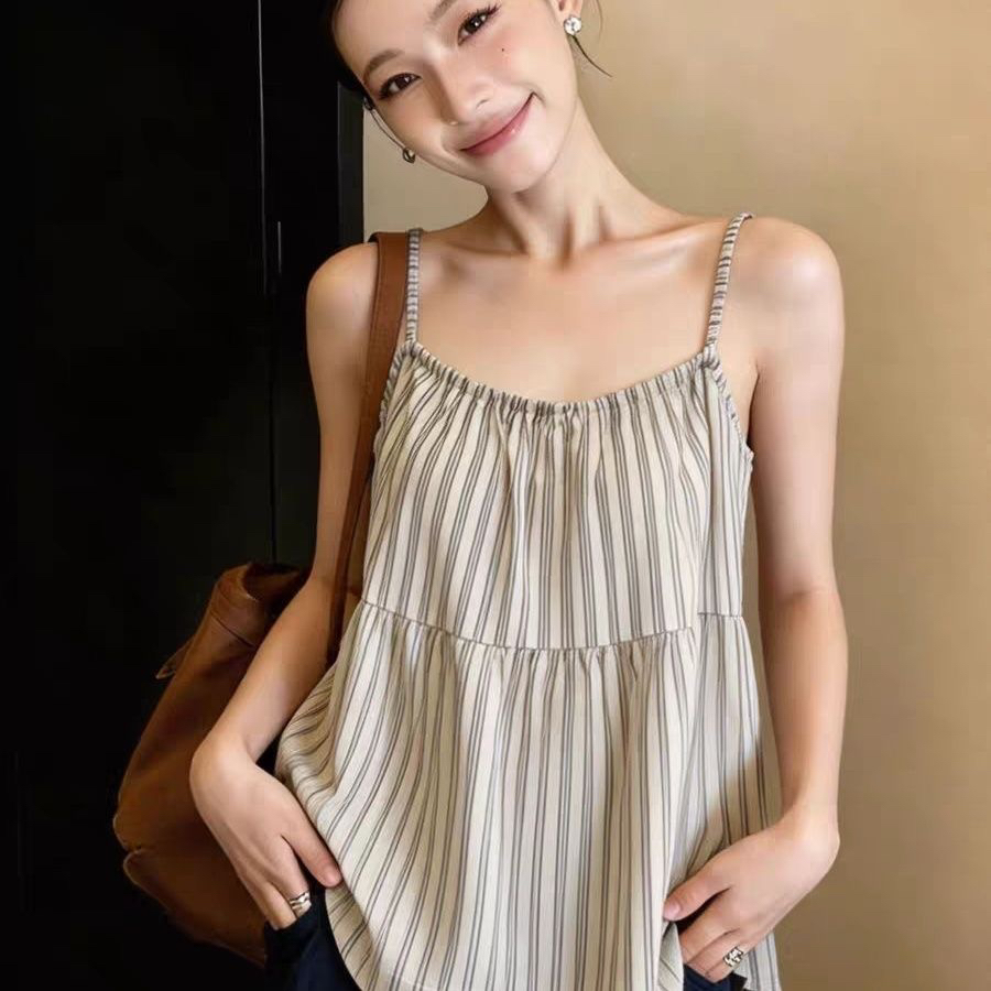 보존 섹션 추천 순수한 욕망 바람 섹시함 세로 줄무늬 캐미솔 디자인 센스 작은 대중 뒤로 레이스업 작은 셔츠
