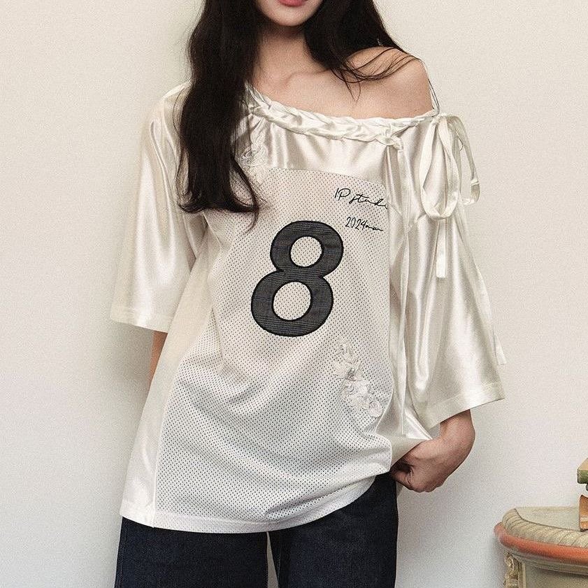 저지 아메리칸 밝은 얼굴 패치워크 루즈핏 캐주얼 알파벳 프린트 반팔 티셔츠 이른 가을 새로운 디자인 스트랩 맨위