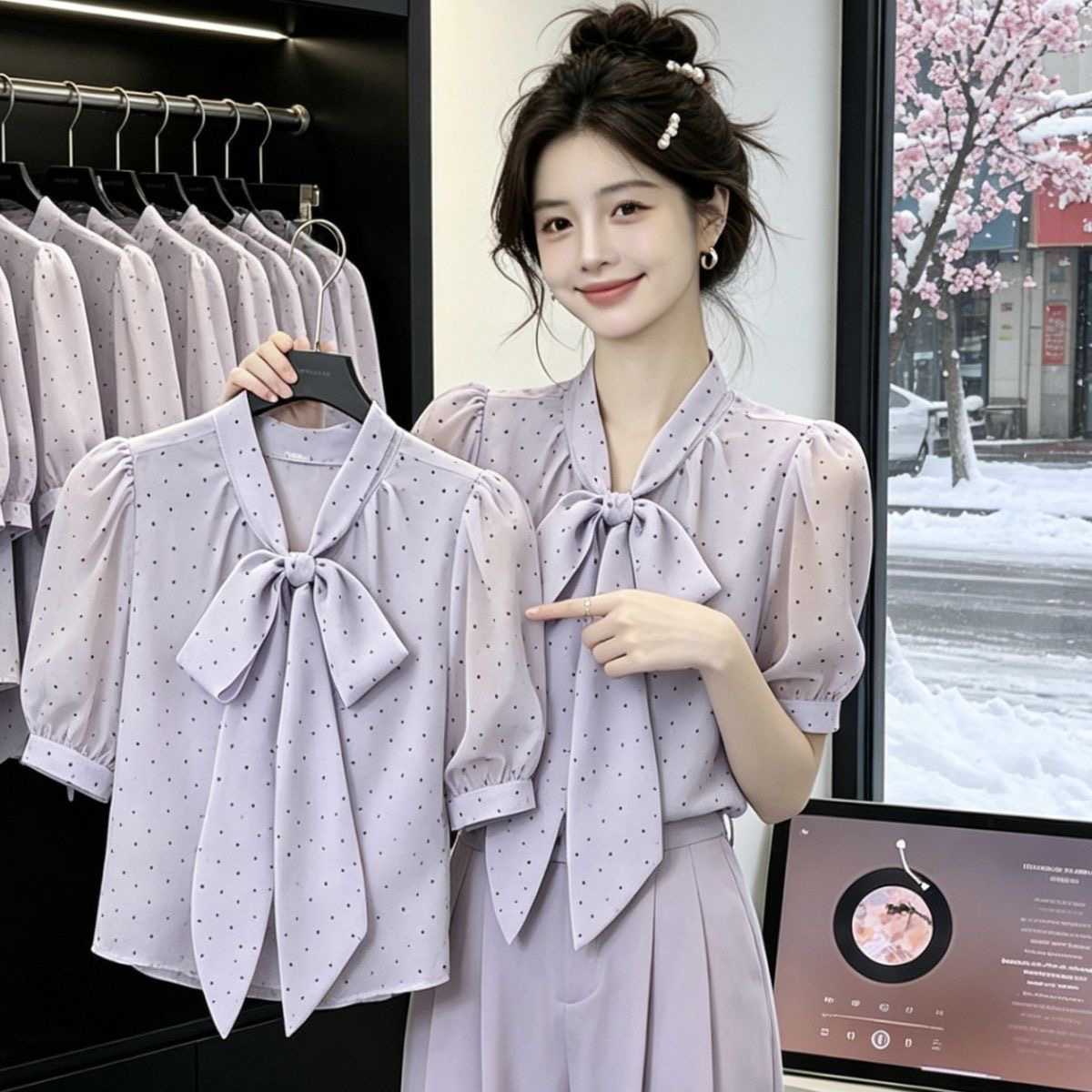 프랑스식 낭만주의 향기로운 芋 보라색 반팔 여성 셔츠 2026 년 여름 새로운 나비 매듭 리본 쉬폰 도트 무늬 셔츠