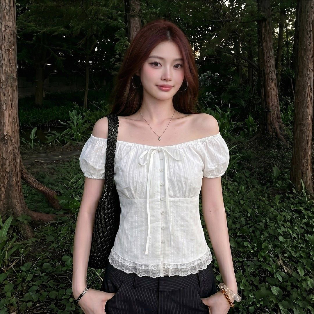 프랑스식 화이트 레이스 페이크 레이어드 거품 소매 티셔츠 여성 2026 새로운 여름 레이스업 달콤함 학원 스타일 맨위