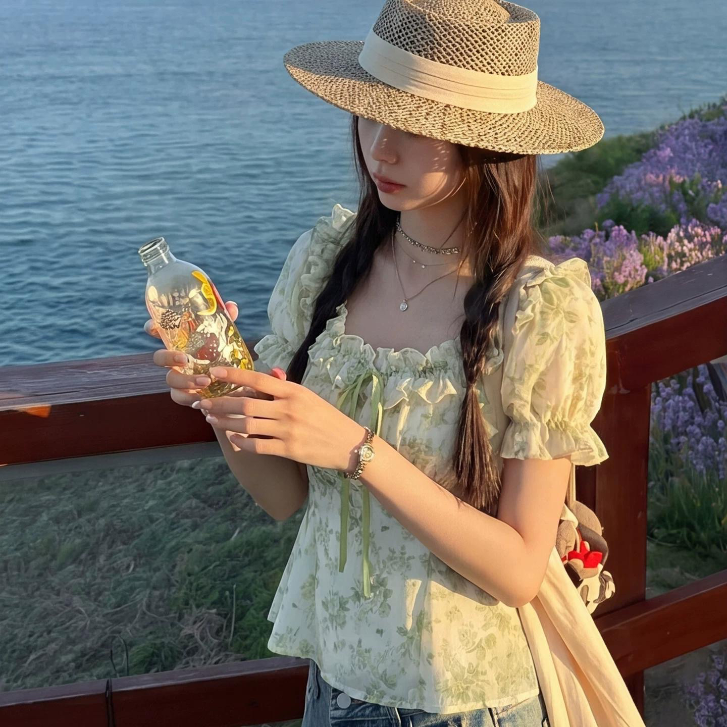 프랑스식 절묘한 Chic 허리 수축 아름다운 셔츠 맨위 여름 신선함 반팔 달콤함 꽃무늬 반팔 시폰 셔츠 여성